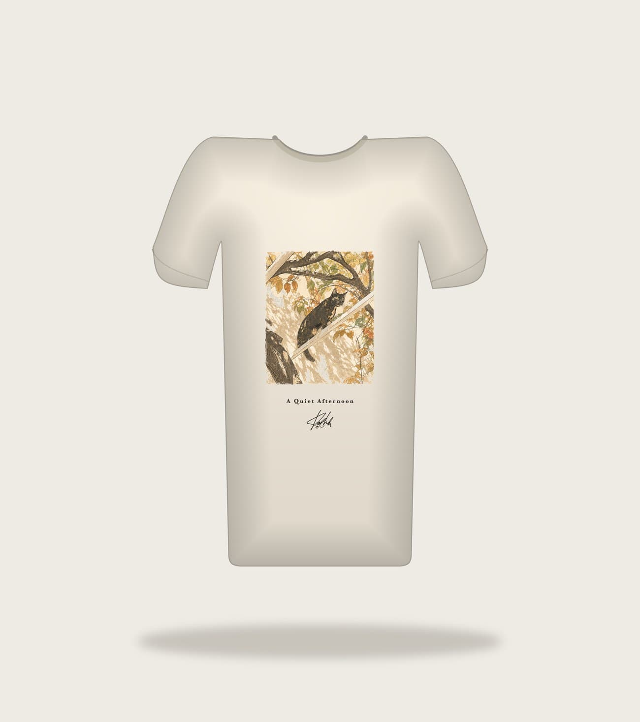 Koocheh Autumn tee — A cat perched on a slanting beam among autumn branches and falling leaves.