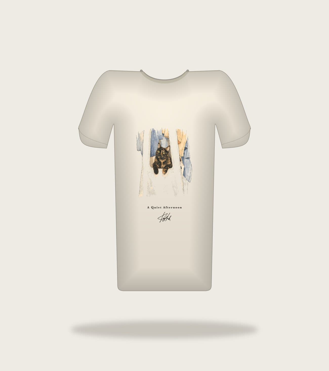 Koocheh Laundry Day tee — A green-eyed cat peering out from between hanging laundry.