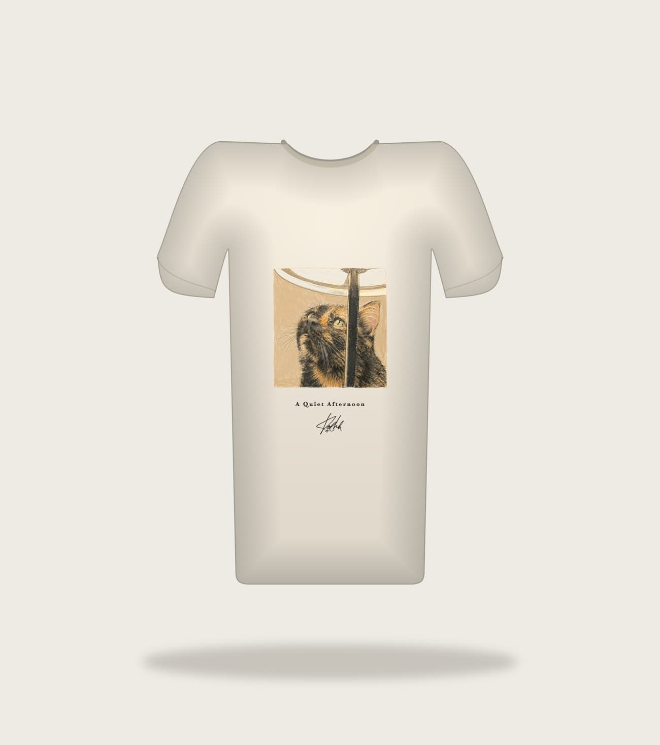 Koocheh Porthole tee — A cat gazing upward through a round porthole window against a warm tan wall.