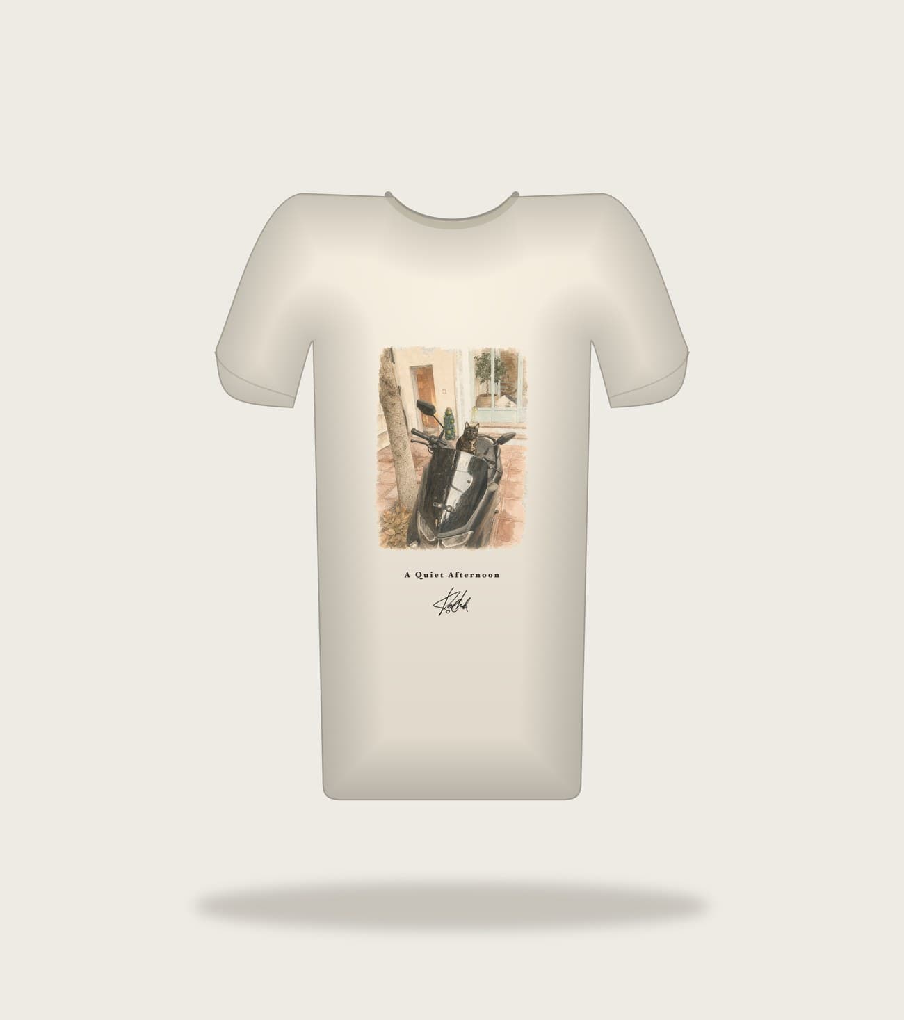 Koocheh Scooter tee — A cat perched on a parked black scooter in a quiet European street.